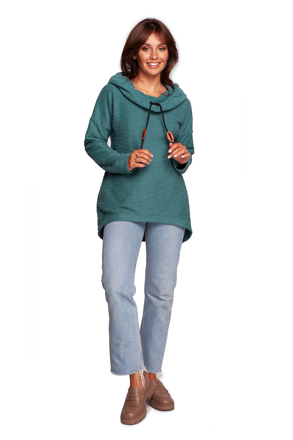 BeWear Oversized Cotton Blend Hooded Sweatshirt Tunic for Comfortable Cold Weather, model confidently wearing the hoodie with stylish footwear, presenting an elegant yet casual look.