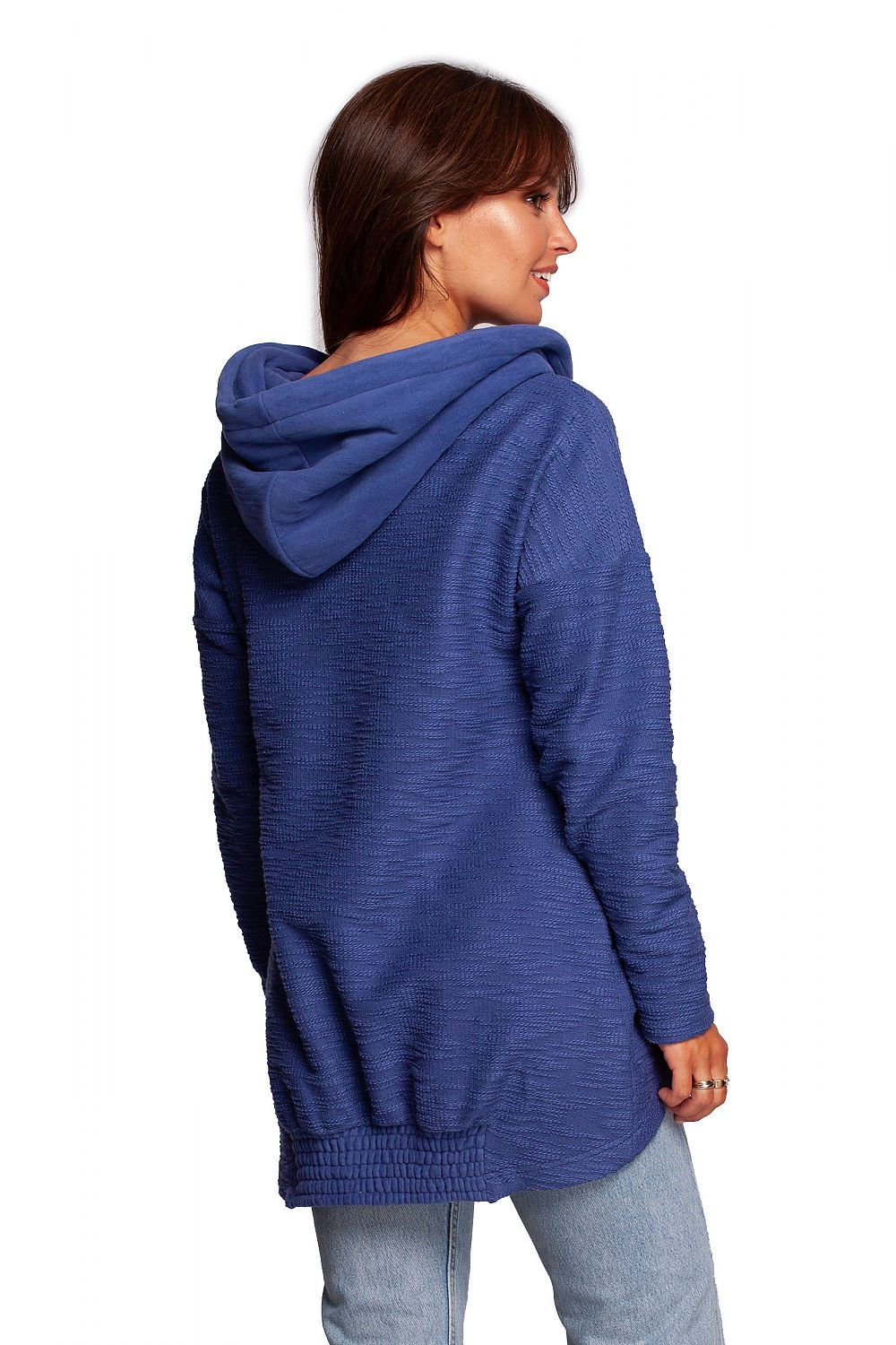 Sophisticated model displaying the BeWear Oversized Cotton Blend Hooded Sweatshirt Tunic in rich blue, blending style and comfort for winter wear.