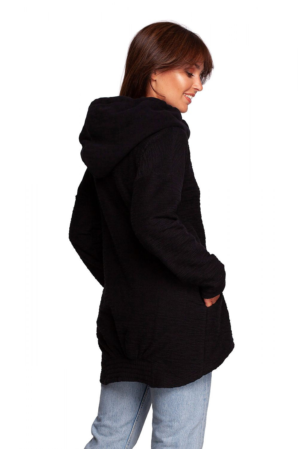 Back view of the BeWear Oversized Cotton Blend Hooded Sweatshirt Tunic in black, showcasing the comfortable fit and design perfect for luxurious cold weather attire.