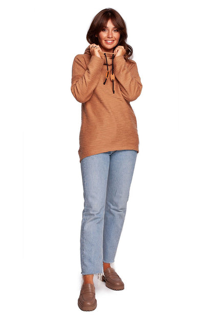 BeWear Oversized Cotton Blend Hooded Sweatshirt Tunic in beige, beautifully styled for sophisticated cold-weather fashion, featuring a relaxed fit and cozy hood.
