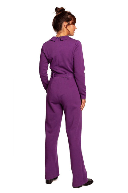 Back view of the chic BeWear suit with wide legs, V neckline, and comfortable belt in purple, highlighting its elegant design.