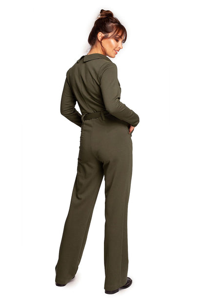 Back view of the chic BeWear suit in olive green with wide legs, V neckline, and a stylish belt, emphasizing its luxurious appeal.