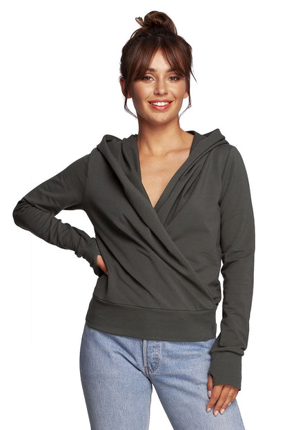 BeWear Elegant Sweatshirt With Hood, Thumb Cutouts, 92% Cotton, Slim Fit - Stylish & Unique Design, featuring a model showcasing the chic hoodie design with draping and a relaxed neckline.