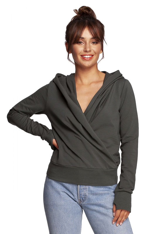 BeWear Elegant Sweatshirt With Hood, Thumb Cutouts, 92% Cotton, Slim Fit - Stylish & Unique Design, featuring a model showcasing the chic hoodie design with draping and a relaxed neckline.
