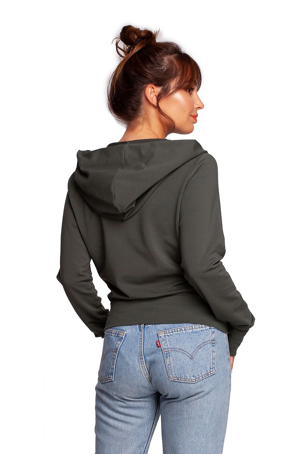 BeWear Elegant Sweatshirt With Hood, Thumb Cutouts, 92% Cotton, Slim Fit - Stylish & Unique Design, back view of a model in a sleek hoodie, showcasing its elegant cut and design.