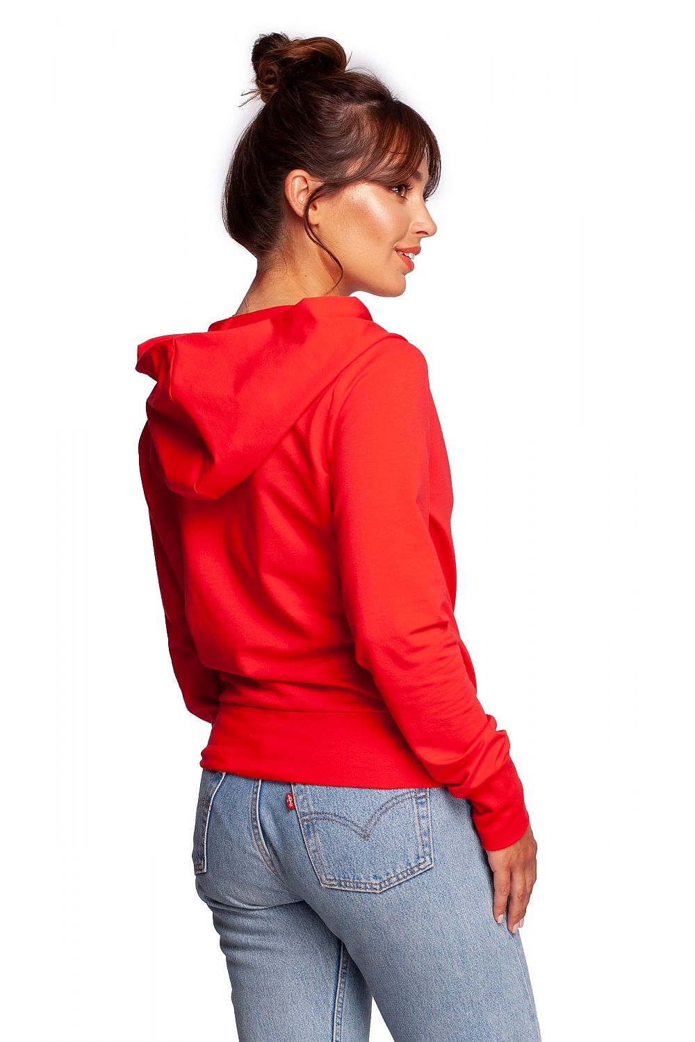 BeWear Elegant Sweatshirt With Hood, featuring thumb cutouts and made from 92% cotton. The model is showcasing a stylish red sweatshirt with a hood from the back, highlighting its elegant design and slim fit.