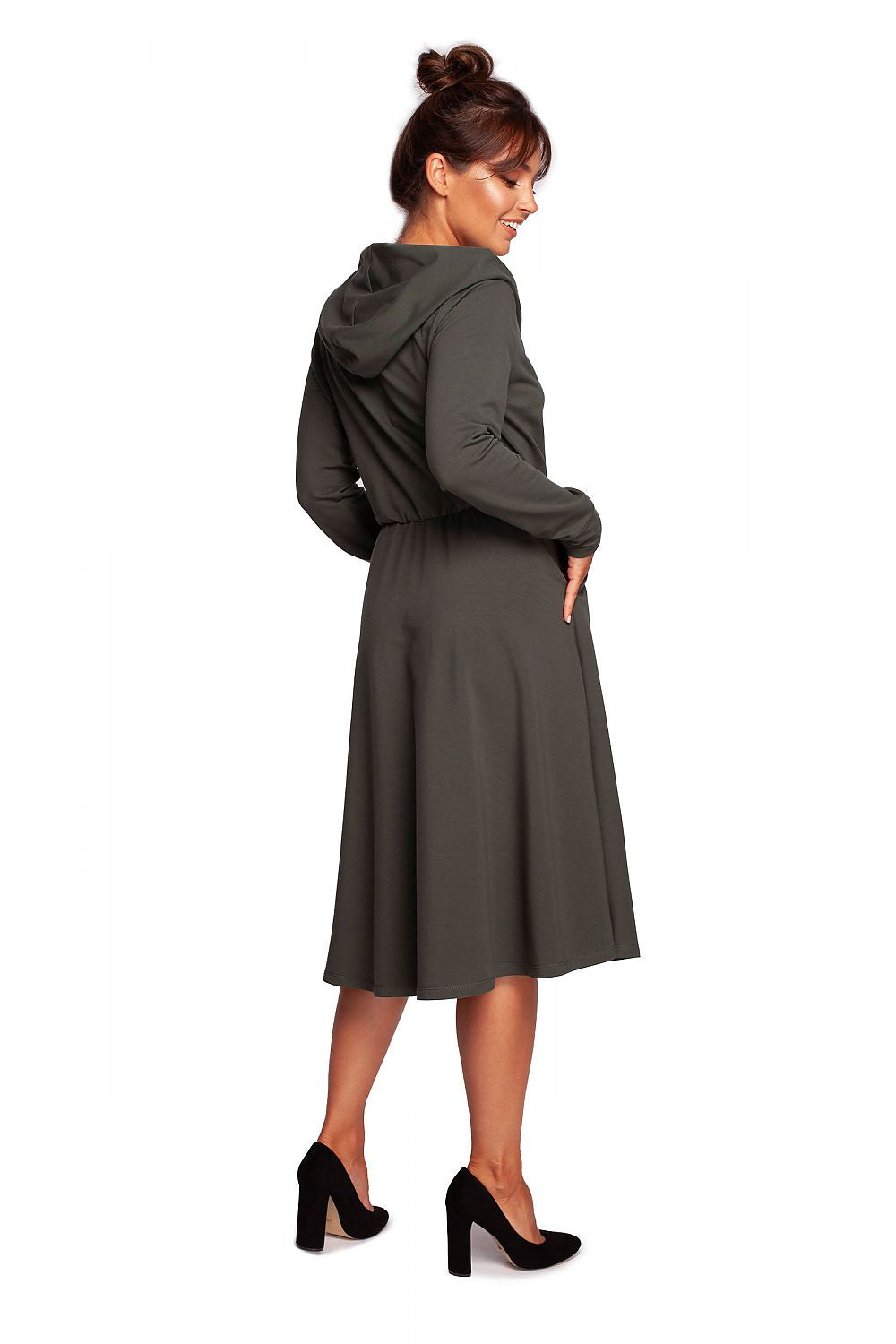 Back view of the Luxury Flared Daydress With Hood And Draped Envelope Top By BeWear, showcasing its elegant flared design and hood, made from a luxurious cotton and spandex blend.