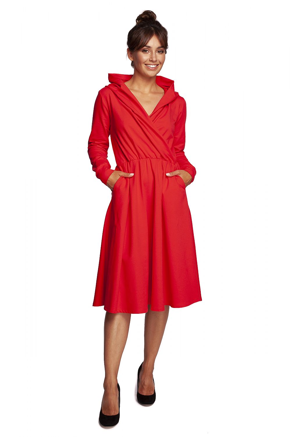 Front view of the stunning Luxury Flared Daydress With Hood And Draped Envelope Top By BeWear in vibrant red, featuring a unique envelope neckline and elegant silhouette.