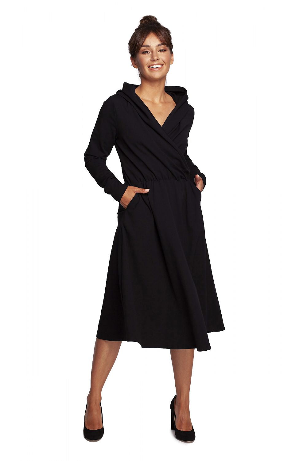 Front view of the timeless Luxury Flared Daydress With Hood And Draped Envelope Top By BeWear in classic black, showcasing the sophisticated envelope top and flattering flared silhouette.