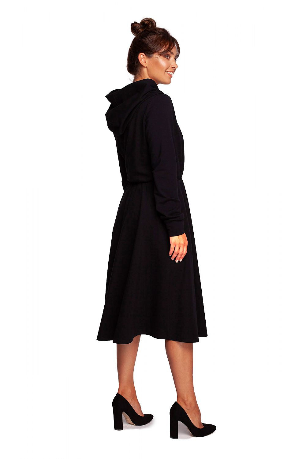 Back view of the Luxury Flared Daydress With Hood And Draped Envelope Top By BeWear in elegant black, revealing the chic hood and draped details that enhance its luxurious appeal.