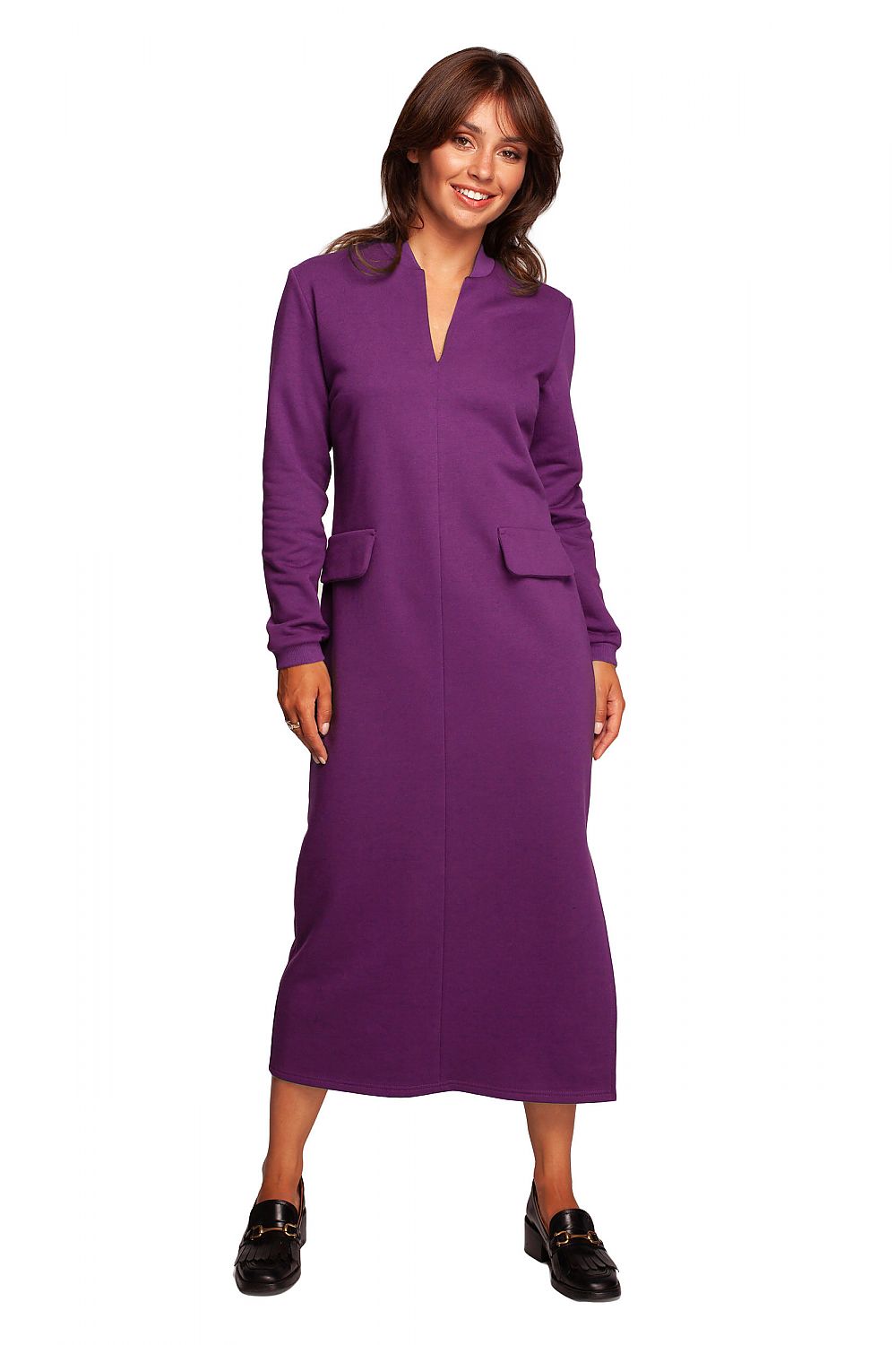 Maxi Dress With High Front Slit - BeWear Classy Cotton Blend Daydress in Elegant Styles, featuring a sophisticated purple hue, long sleeves, and a stylish v-neckline with practical pockets.