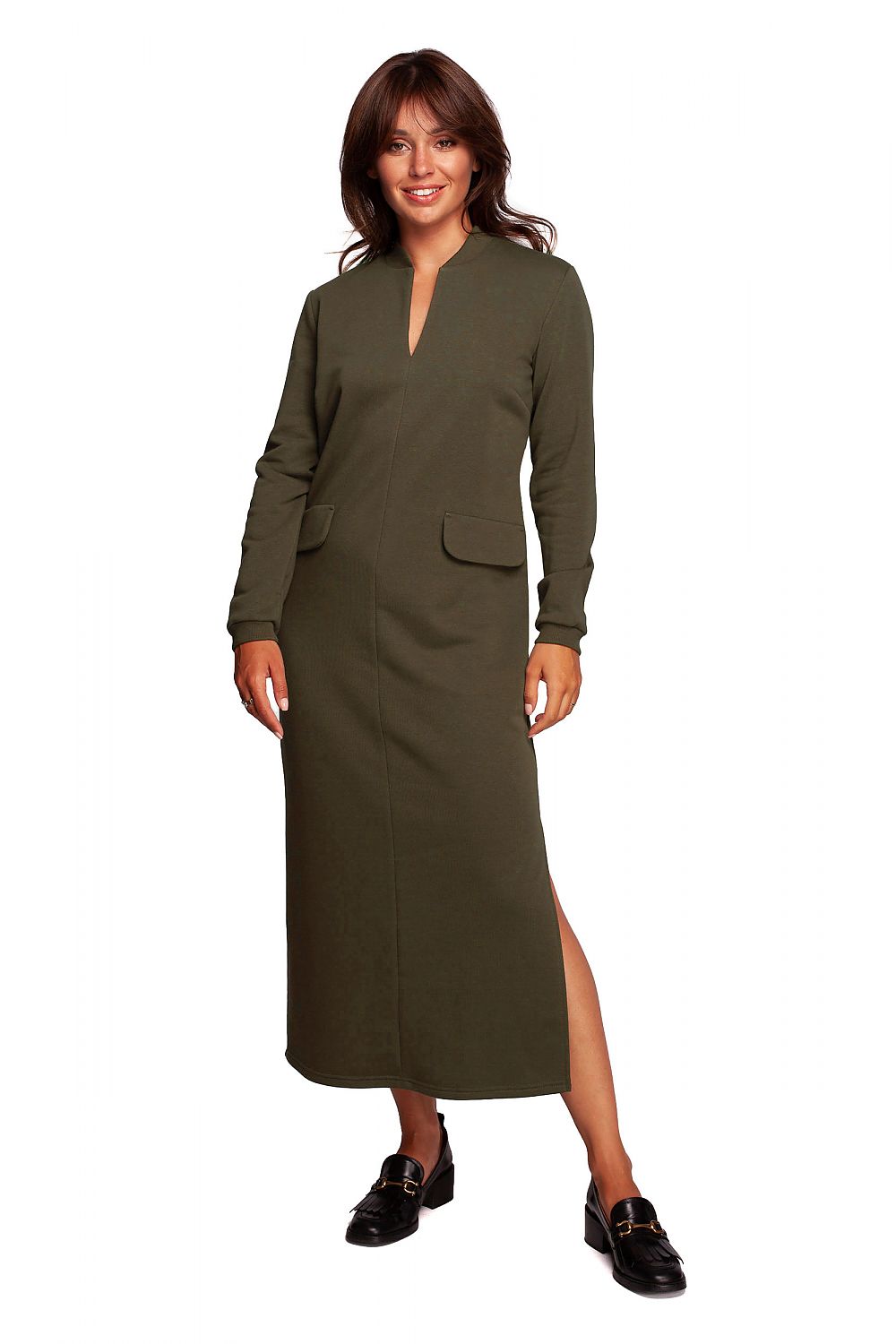 Chic Maxi Dress with High Front Slit in olive green, featuring a sophisticated neckline and pockets, ideal for classy casual outings by BeWear.