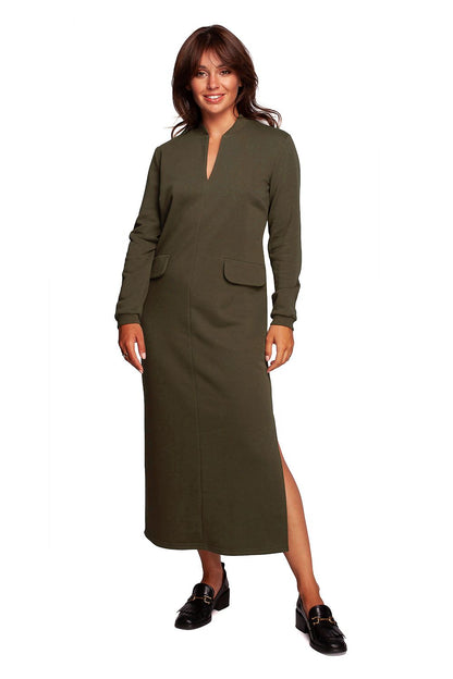 Chic Maxi Dress with High Front Slit in olive green, featuring a sophisticated neckline and pockets, ideal for classy casual outings by BeWear.