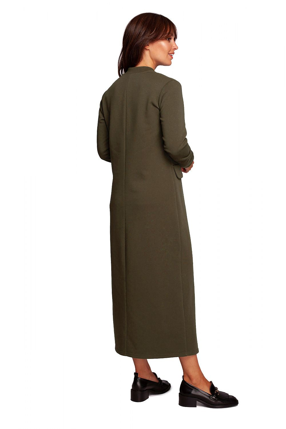 Refined back view of the Maxi Dress with High Front Slit in olive green by BeWear, highlighting its elegant and comfortable fit.