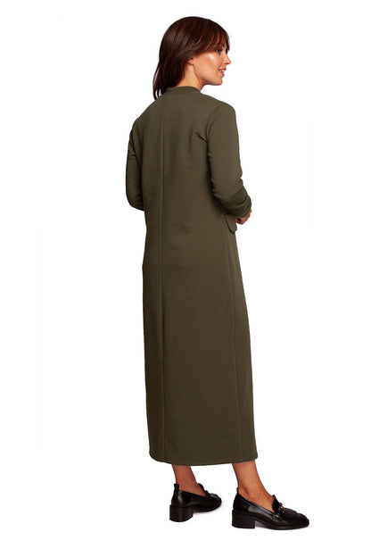 Refined back view of the Maxi Dress with High Front Slit in olive green by BeWear, highlighting its elegant and comfortable fit.