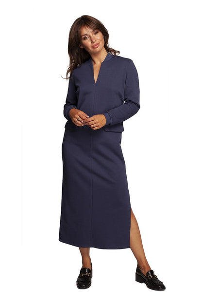 Stylish Maxi Dress with High Front Slit in navy blue, expertly designed by BeWear, merging elegance with modern femininity.