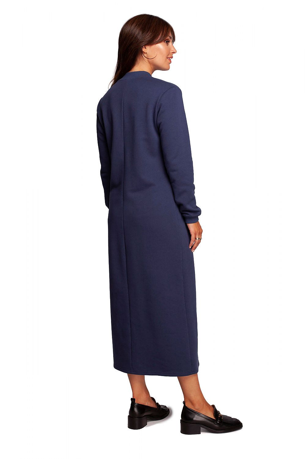 Back view of the luxurious Maxi Dress with High Front Slit in navy blue, designed by BeWear, showcasing its timeless silhouette.