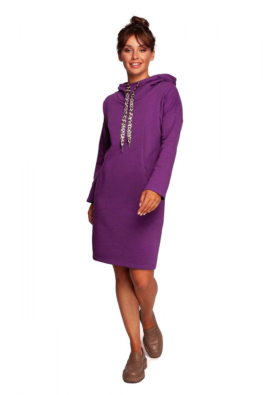 Elegant BeWear Casual Daydress with High Collar, styled in vibrant purple, featuring leopard-print ribbons, a hood, and concealed pockets, perfect for a sophisticated yet relaxed look.