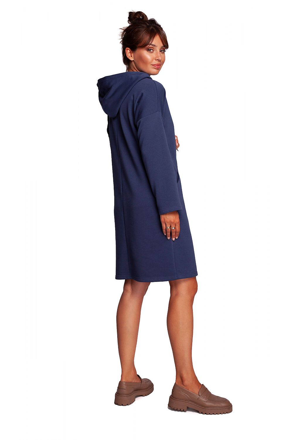 Rear view of BeWear Casual Daydress with High Collar in navy blue, showcasing the stylish hood and hidden pockets, perfect for casual luxury.