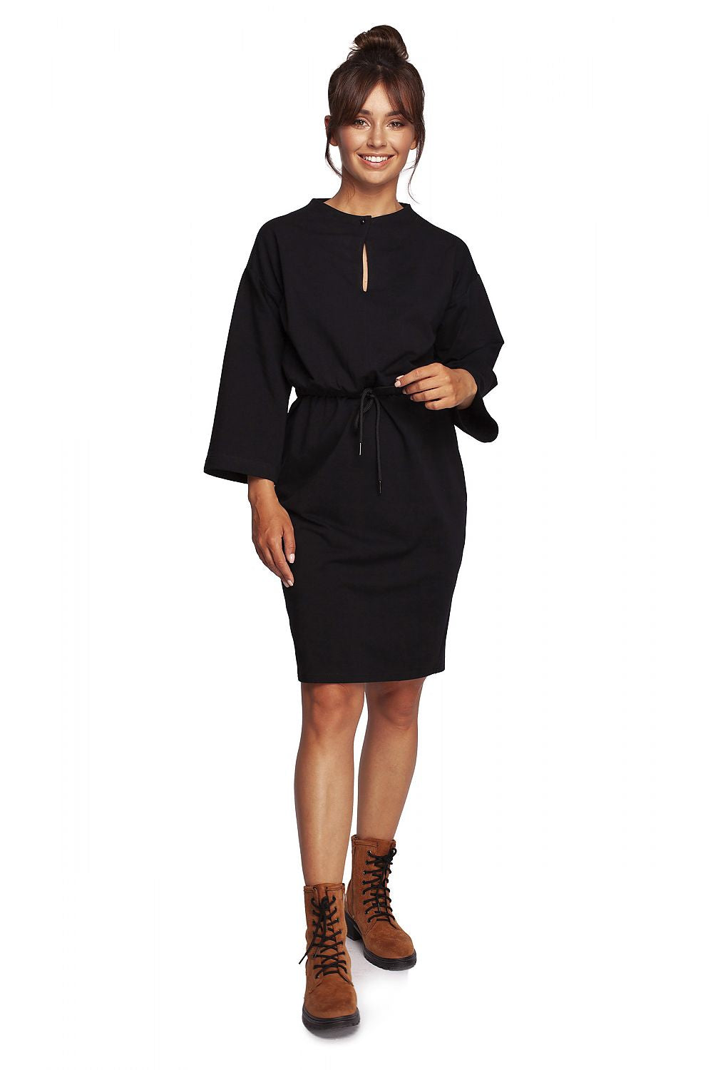 Elegant BeWear Daydress with Teardrop Neckline and Sporty Accents in Soft Knit Fabric, showcasing a model wearing the dress in black, complete with 3/4 sleeves and a cinched waist, perfect for stylish comfort.