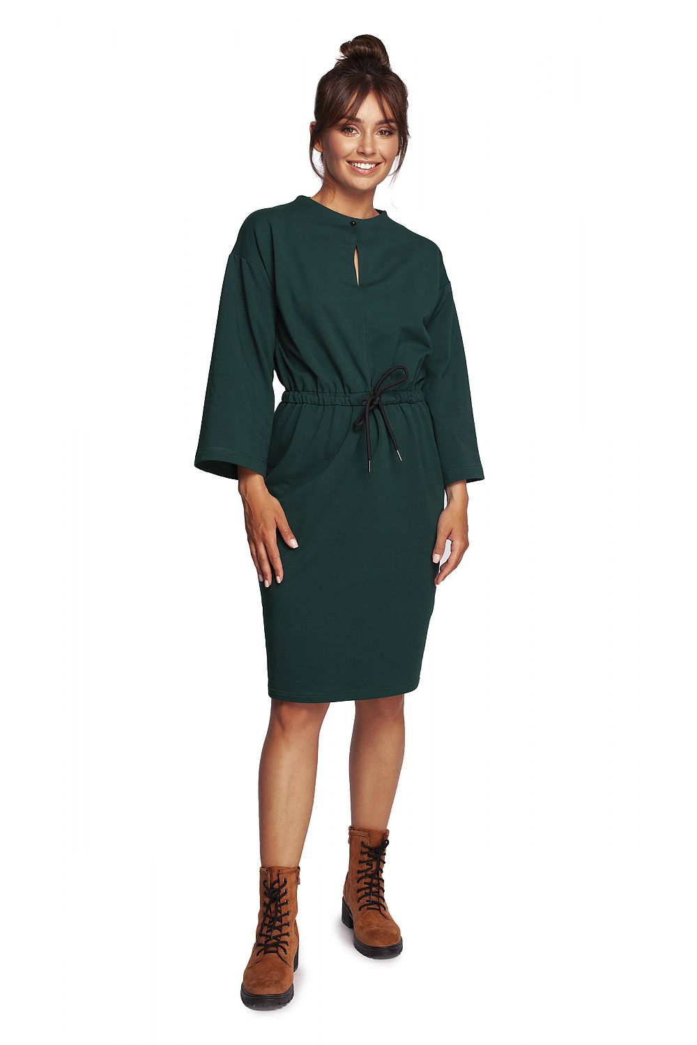 Elegant BeWear Daydress with Teardrop Neckline and Sporty Accents in Soft Knit Fabric, featuring a model showcasing the front view of the dress.