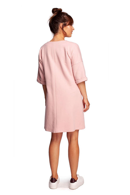 Elegant Heart Neckline Daydress by BeWear featuring elbow-length sleeves, shown in pink, capturing the essence of casual luxury with convenient side pockets.