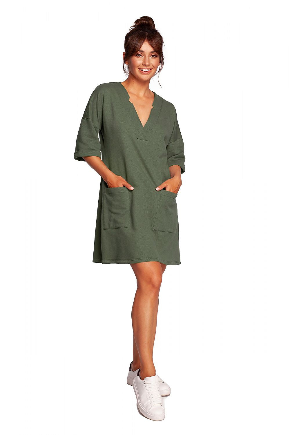 Elegant Heart Neckline Daydress by BeWear in lush green, showcasing a relaxed silhouette with hip pockets and stylish elbow-length sleeves for everyday elegance.