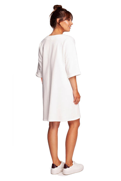 Elegant Heart Neckline Daydress by BeWear in white, featuring a refined design, elbow-length sleeves, and side pockets, perfect for the fashionable woman seeking daily sophistication.
