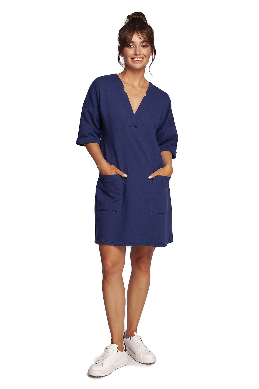 Elegant Heart Neckline Daydress by BeWear in navy blue, designed with elbow-length sleeves and side pockets, exuding luxury and comfort.