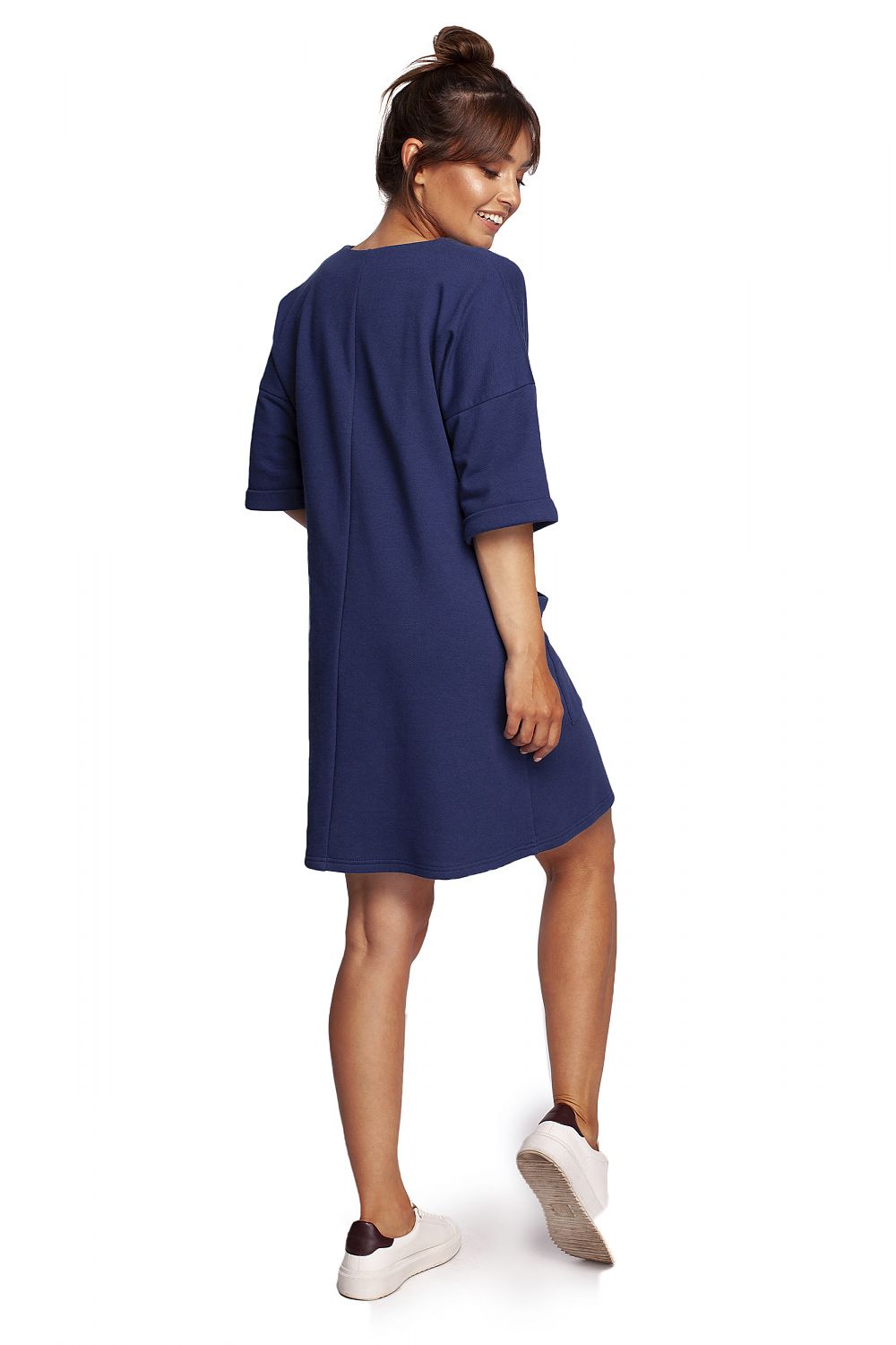 Back view of the Elegant Heart Neckline Daydress by BeWear in navy blue, highlighting the relaxed fit and stylish side pockets.