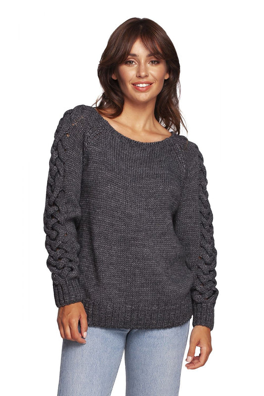 Luxury Fitted Jumper with Shoulder Revealing Neckline and Thick Plaid Sleeve Weave, showcasing a chic design with a textured appearance and stylish sleeves, perfect for autumn-winter fashion complemented by casual jeans.
