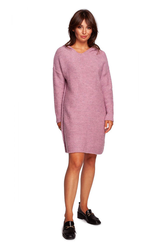 Elegant knee-length hooded knit sweater dress by BE Knit in soft pink, featuring a relaxed fit and cozy wool blend, perfect for autumn styling.
