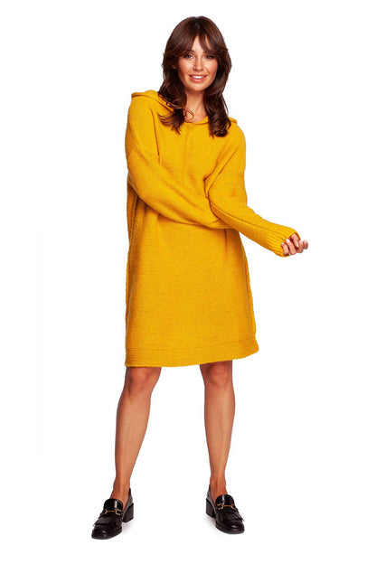 Chic knee-length hooded knit sweater dress by BE Knit in vibrant yellow, ideal for a luxurious autumn look, offering comfort and style.