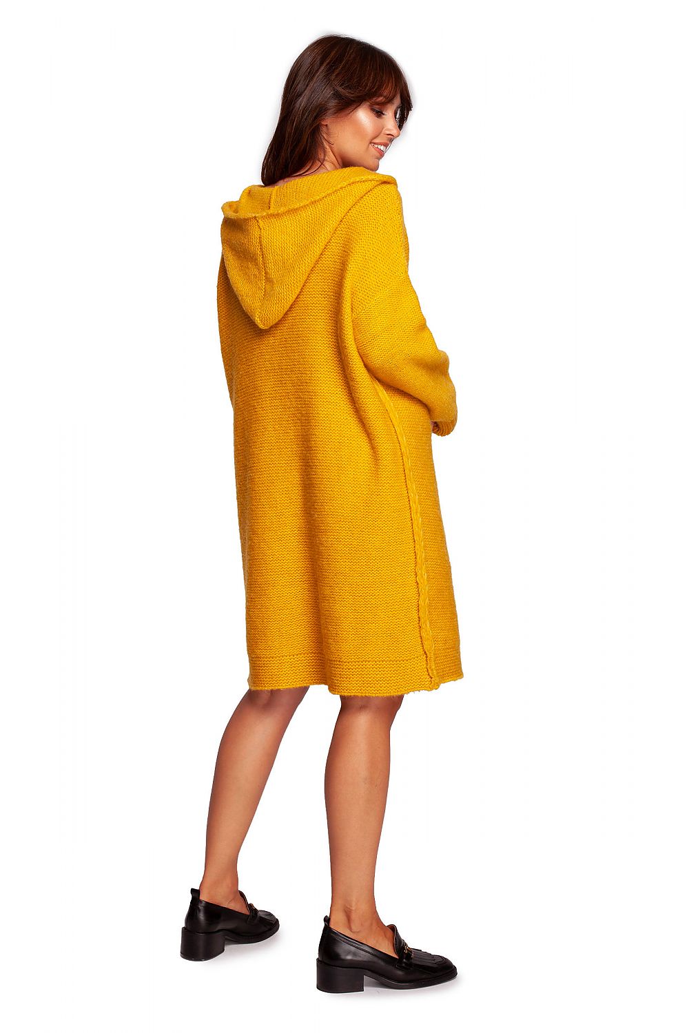 Sophisticated back view of the knee-length hooded knit sweater dress by BE Knit in yellow, highlighting the premium wool blend and modern silhouette.