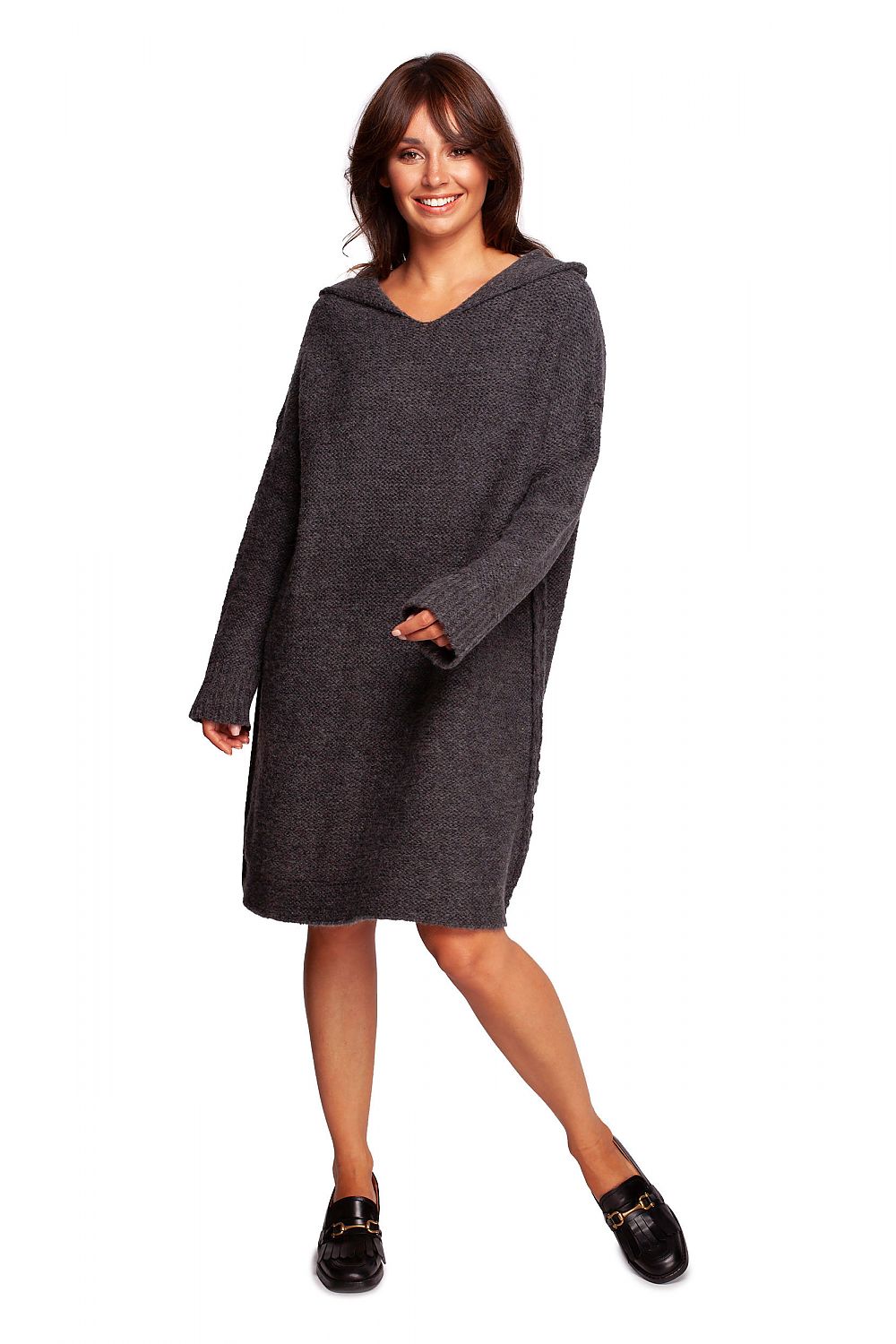 Knee-Length Hooded Knit Sweater Dress by BE Knit in chic dark grey, presented on a smiling model, emphasizing the luxurious knit texture and elegant silhouette ideal for autumn.