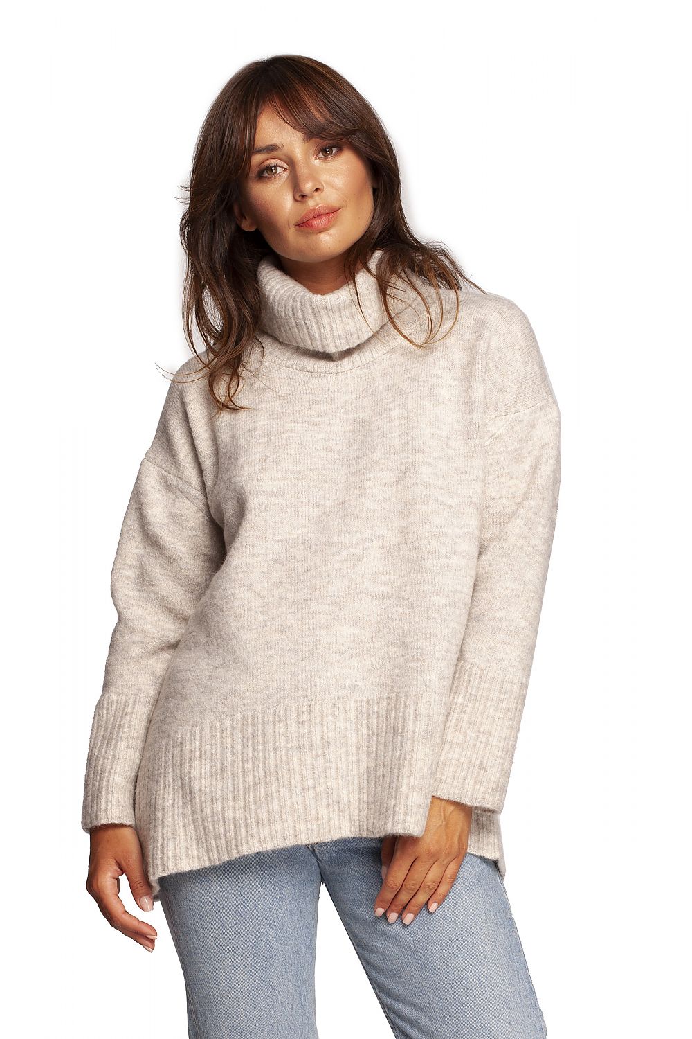 Luxury Turtleneck Knit Sweater with Ribbed Hem and Back Slit - Soft Warm Acrylic Blend, styled elegantly with a model showcasing its chic design.
