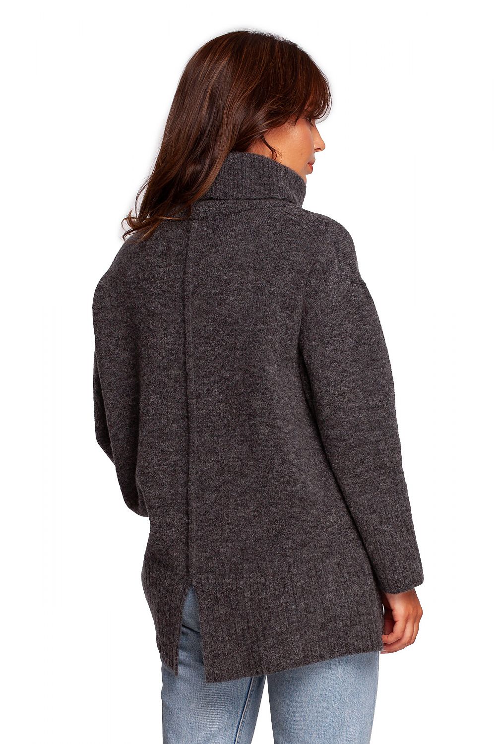 Luxury Turtleneck Knit Sweater with Ribbed Hem and Back Slit, showcasing the stylish back design and soft warm acrylic blend fabric, perfect for cold days.