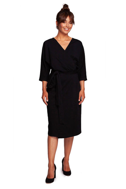 Elegant Cotton Knit Daydress with Batwing Sleeves and Side Tie by BeWear, showcased on a model in a front view, exuding sophistication and style.