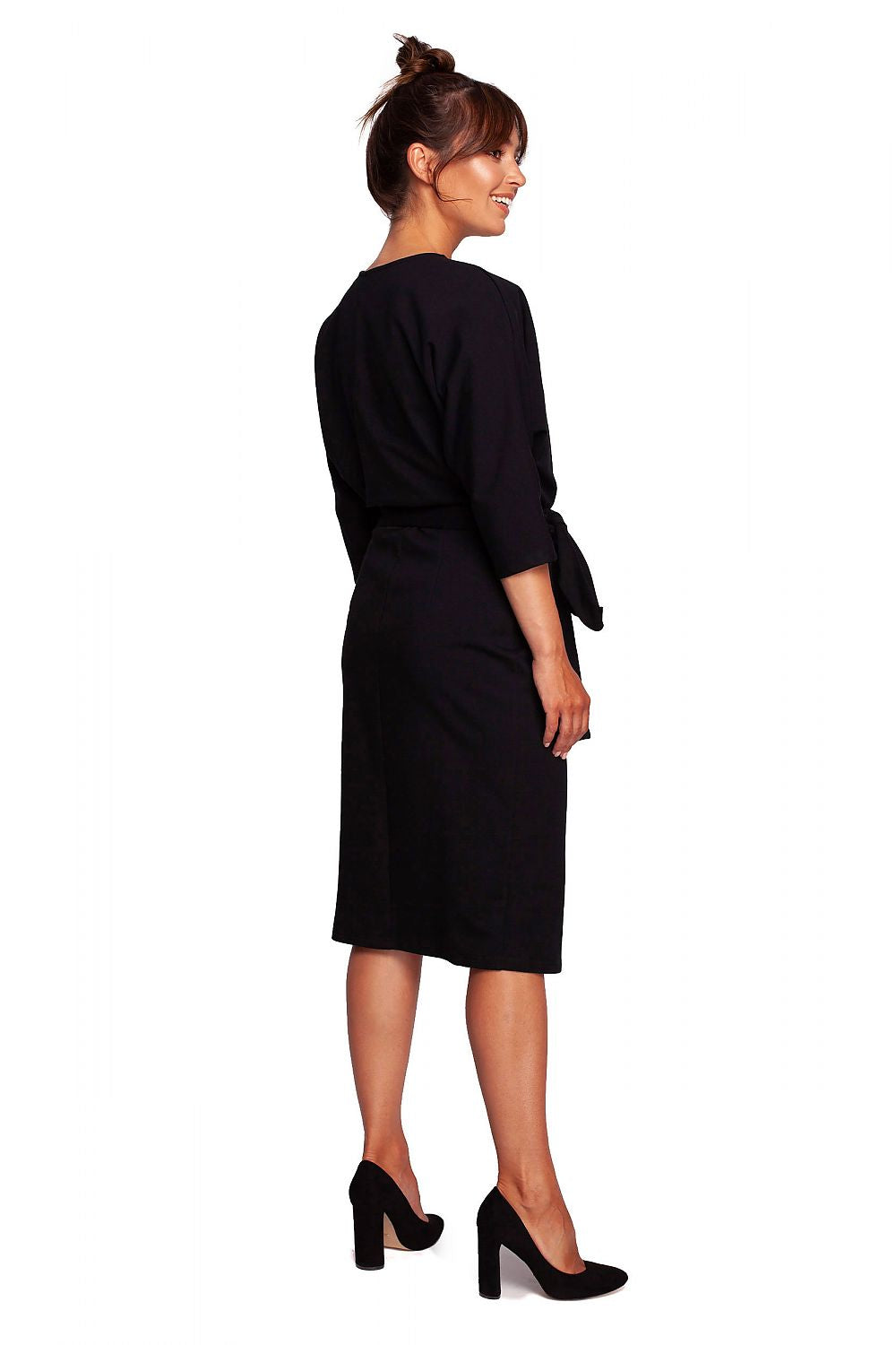 Elegant Cotton Knit Daydress with Batwing Sleeves and Side Tie by BeWear, presented on a model from the back, highlighting its graceful silhouette and luxurious design.