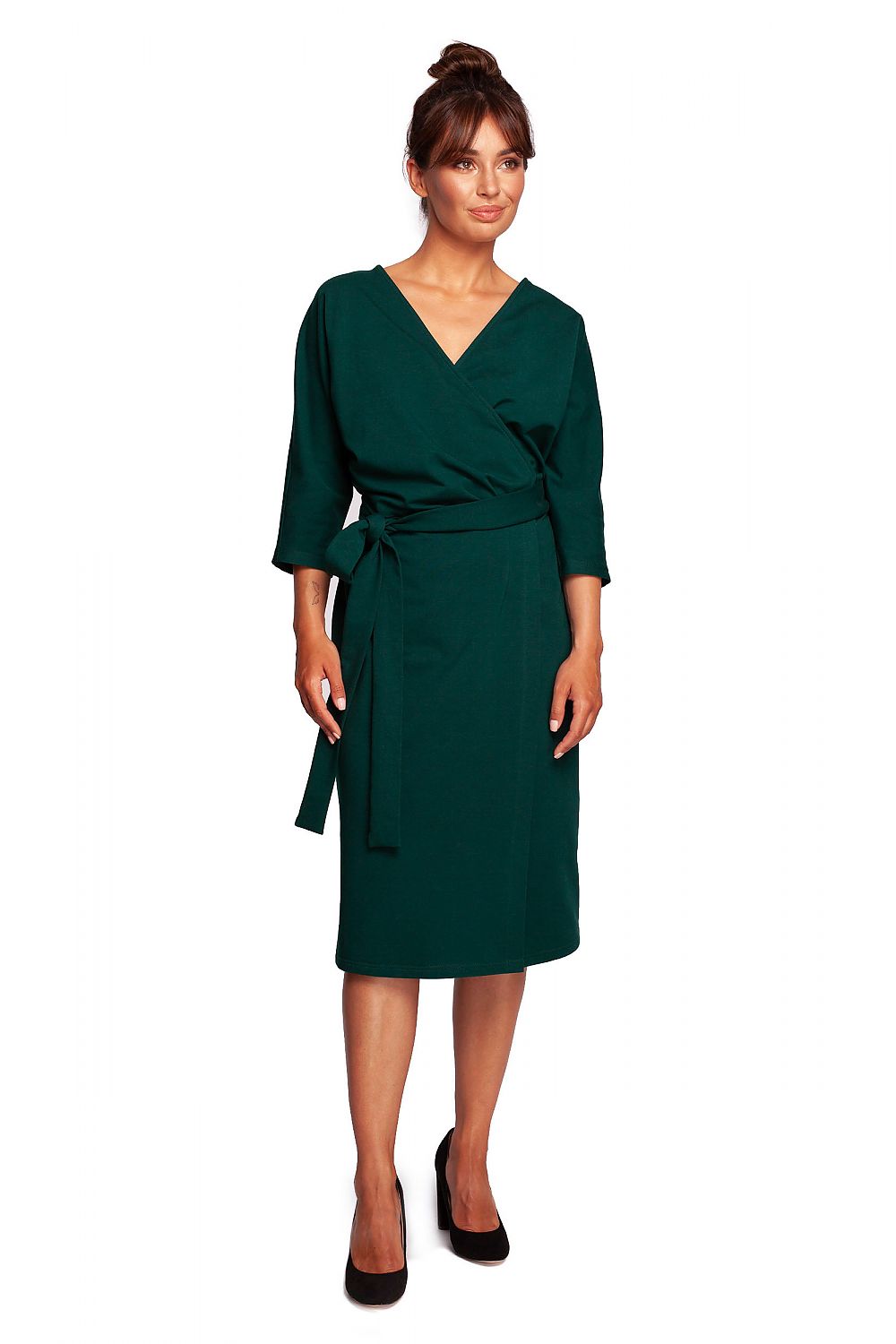 Front view of the Elegant Cotton Knit Daydress with Envelope Cut and Tapered Batwing Sleeves by BeWear, showcasing its refined design and flattering silhouette, perfect for sophisticated occasions.