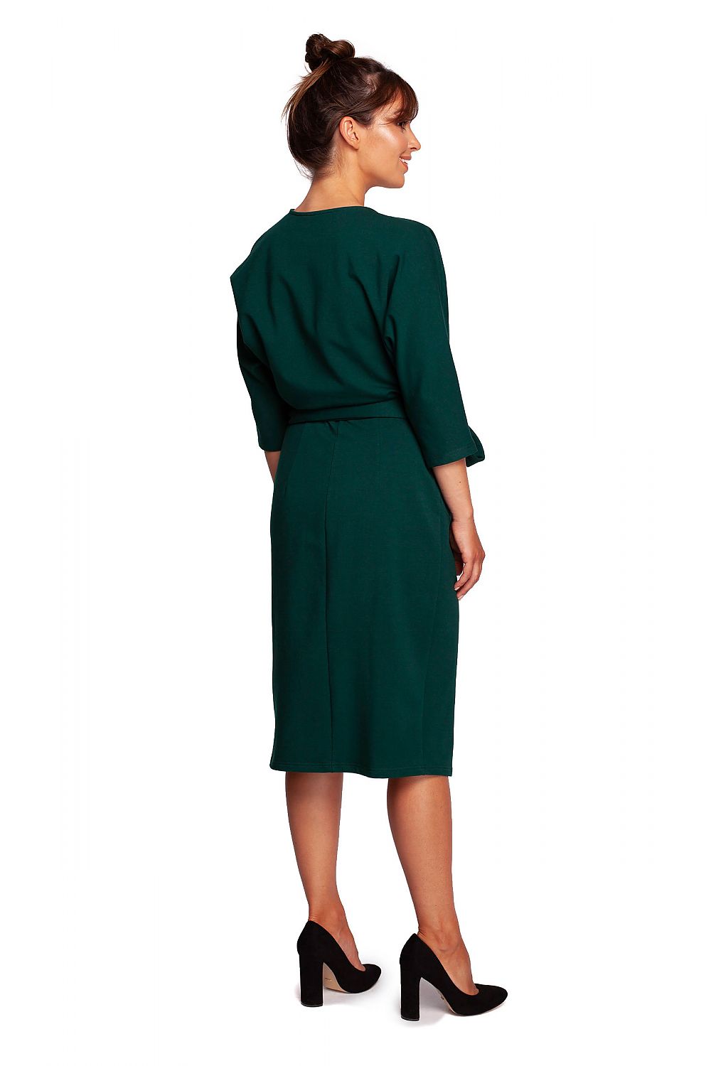 Back view of the Elegant Cotton Knit Daydress with Envelope Cut and Tapered Batwing Sleeves by BeWear, highlighting the elegant drape and modern style suitable for various events.