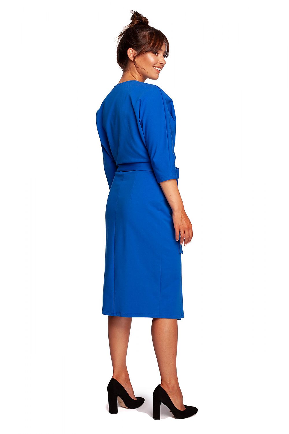 Elegant Cotton Knit Daydress with Envelope Cut and Batwing Sleeves by BeWear, highlighting the stylish back view of the dress in a stunning blue tone, accentuating the refined batwing sleeves and sophisticated silhouette.