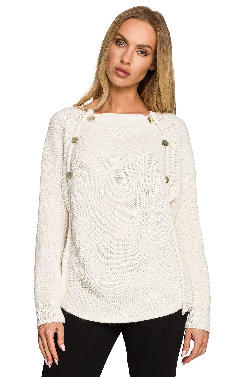 Luxury Over-The-Shoulder Sweater With Decorative Gold Buttons - Moe Jumper, displayed in sophisticated white, featuring gold button details for an elegant touch.