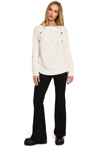 Luxury Over-The-Shoulder Sweater With Decorative Gold Buttons - Moe Jumper, in white, styled with black trousers for a refined, luxurious look.