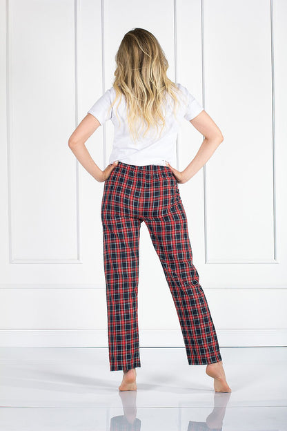 Back view of Luxury Women's Pyjama Set with Short Sleeve Blouse and Loose-Fit Long Pants, highlighting the stylish plaid long pants and comfortable fit.