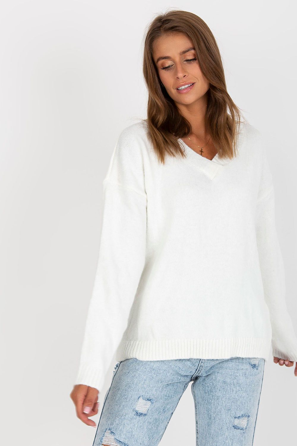 Elegant Women's Long Sleeve Sweater with Heart Neckline by Rue Paris, model showcasing a stylish white long sleeve sweater with a heart neckline, perfect for every occasion.