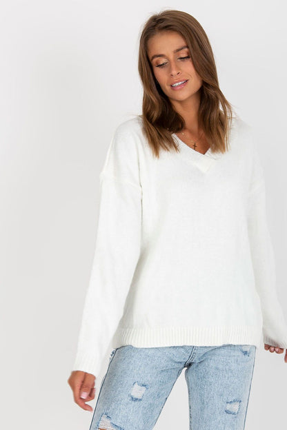 Elegant Women's Long Sleeve Sweater with Heart Neckline by Rue Paris, model showcasing a stylish white long sleeve sweater with a heart neckline, perfect for every occasion.