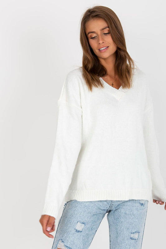 Elegant Women's Long Sleeve Sweater with Heart Neckline by Rue Paris, model showcasing a stylish white long sleeve sweater with a heart neckline, perfect for every occasion.