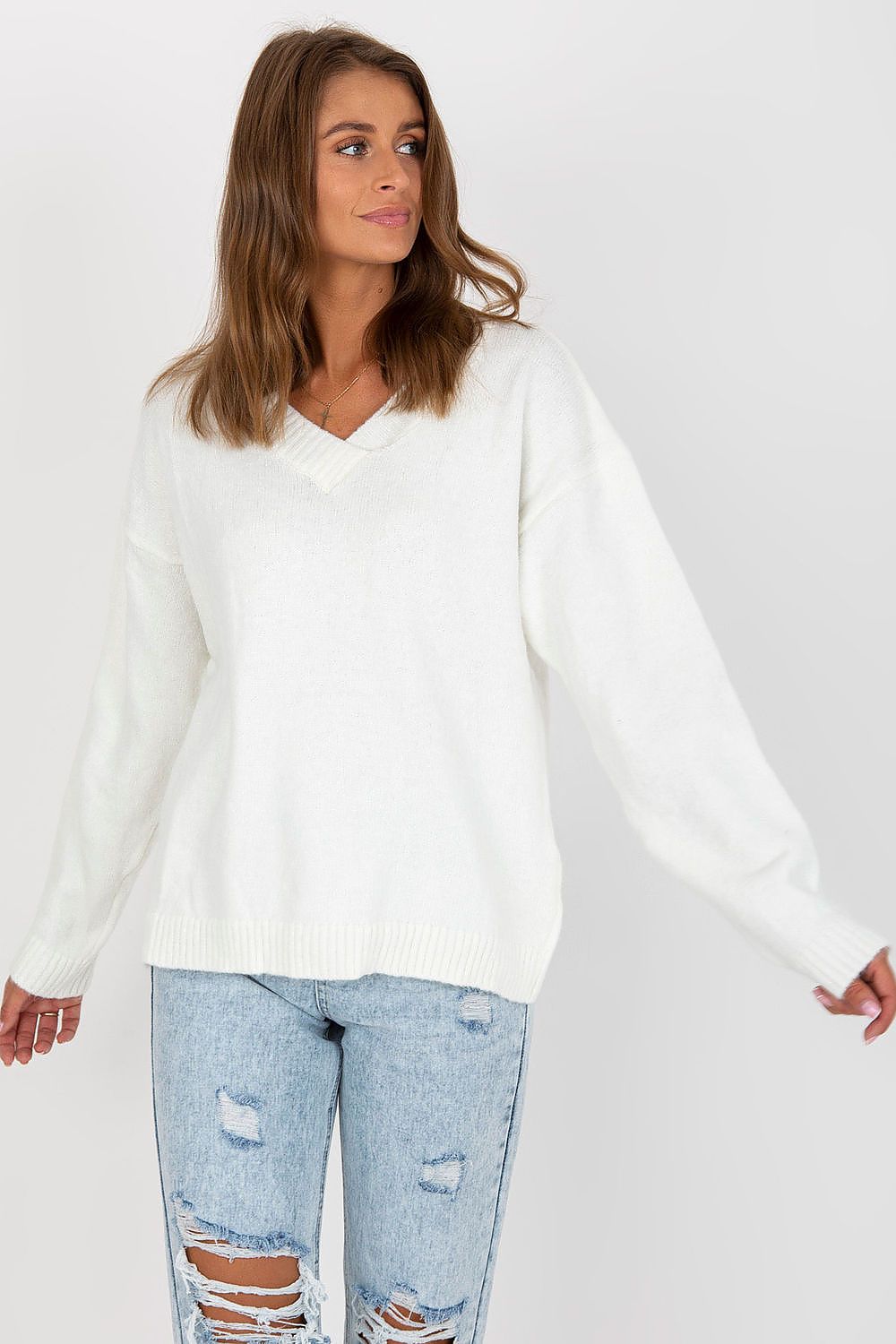 Elegant Women's Long Sleeve Sweater with Heart Neckline by Rue Paris - A stylish model showcasing the white variant of this luxurious sweater, perfectly styled for any occasion.