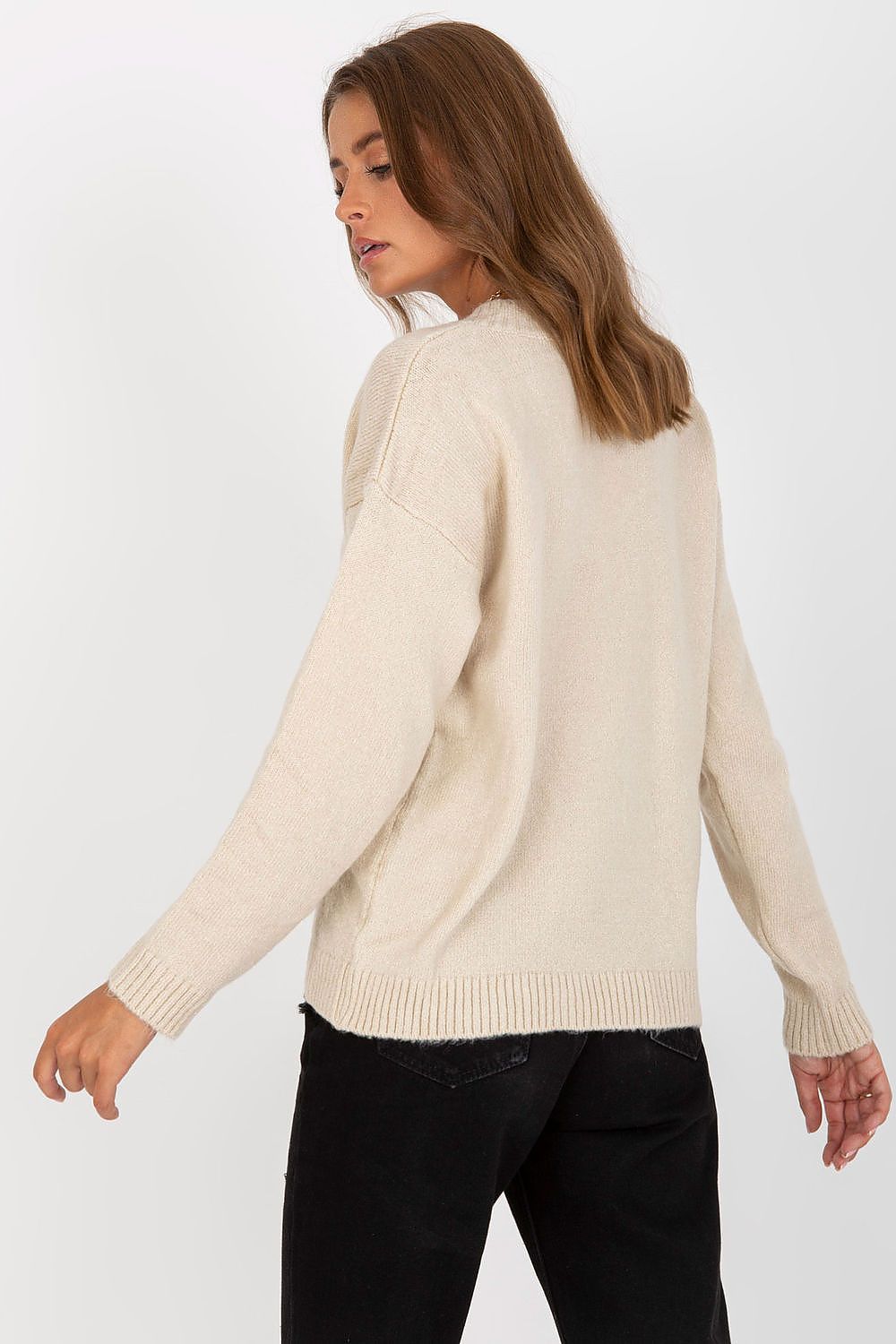 Elegant Women's Long Sleeve Sweater with Heart Neckline by Rue Paris - A detailed rear view of the model in the beige sweater, highlighting its comfortable fit and premium design.